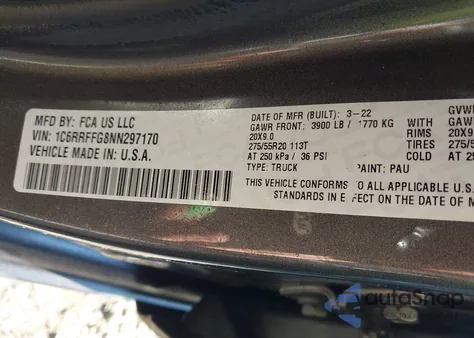 2022 Ram 1500 Big Horn 4X4 5'7 Box z USA, uszkodzony, nr VIN 1C6RRFFG8NN297170